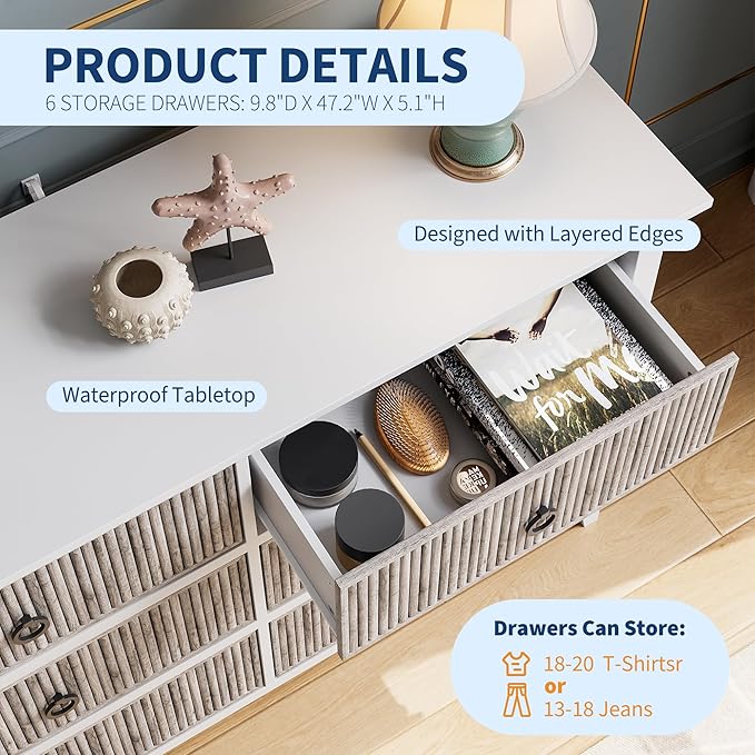 GarveeHome 6 Drawer Dresser for Bedroom, Waveform Fluted Chest with Large Drawer, Wooden Chest of Storage Cabinet, Fluted Dressers for Bedroom Living Room Hallway Closet, Anti-Tipping