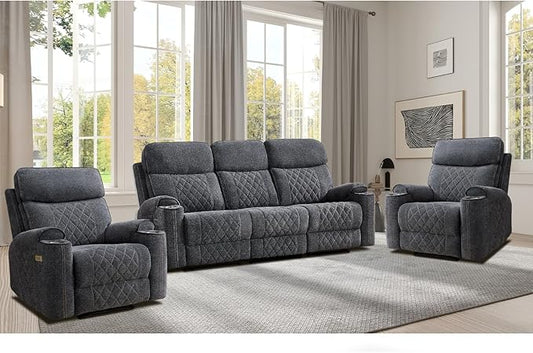 EBELLO Power Reclining Sofa Set, 2 Fabric Electric Recliner Chair and 3 Seater Sofa Couch with Cup Holders, USB Type-C Charging Ports, 5 Seats for Small Living Room, and Meeting Room, Grey