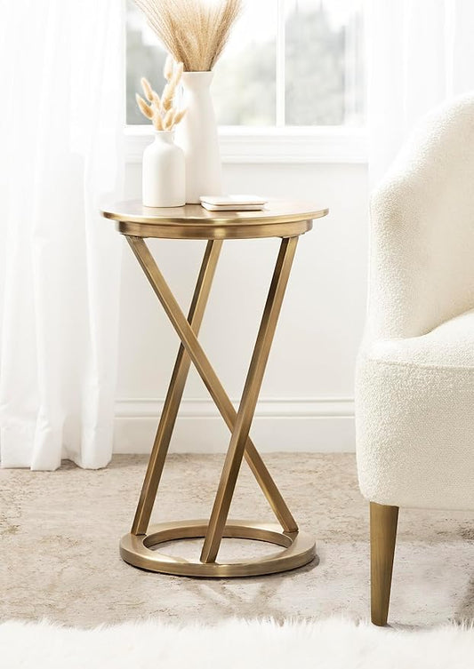 Kate and Laurel Aja Modern Metal Round Side Table; 15 x 15 x 23; Antique Brass; Decorative Geometric Nightstand with Circular Tabletop and Unique Slanted Legs