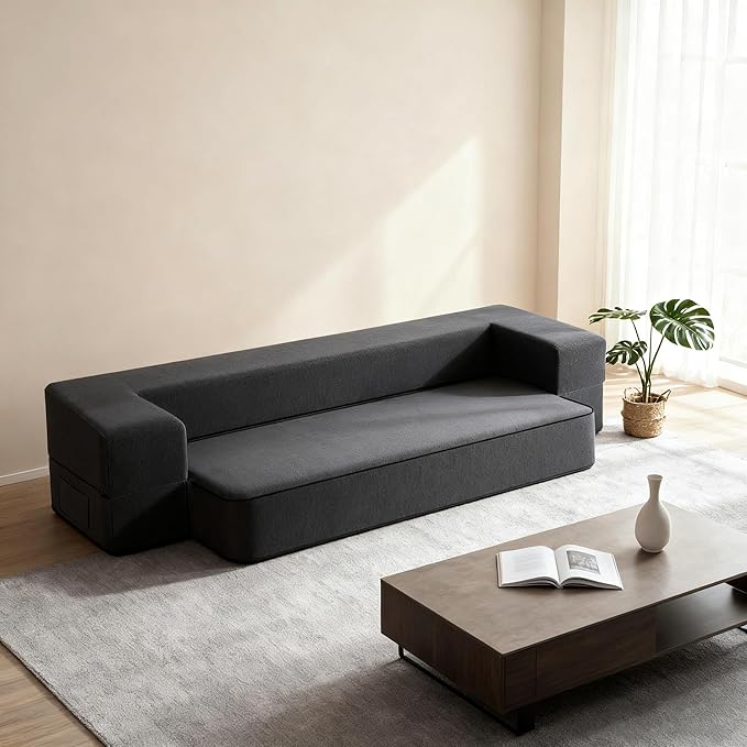 HonTop 8 Inch Folding Sofa Bed Couch Queen Memory Foam Convertible Futon Sleeper Chair Foam Bed for Bedroom Living Room Guest, Dark Grey