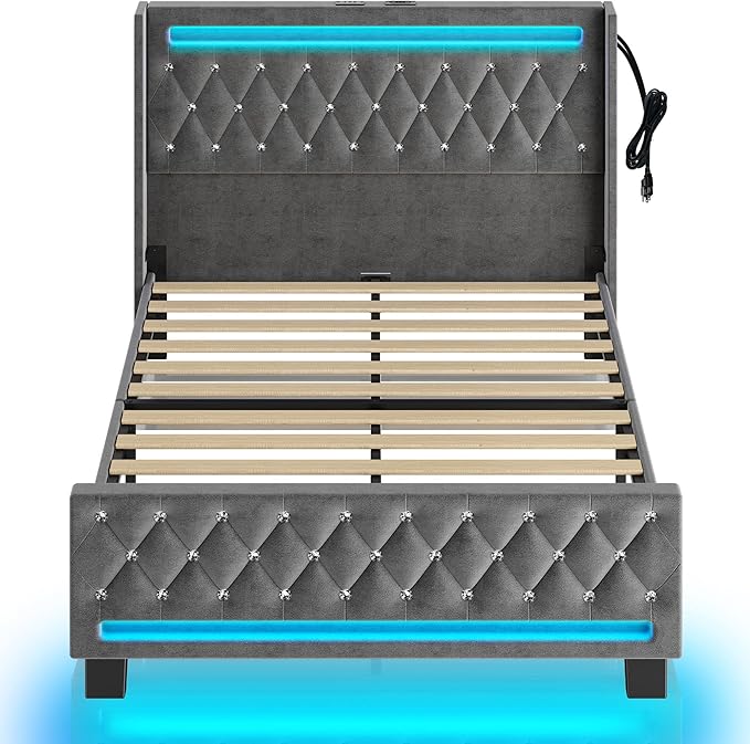 Rolanstar Full Bed Frame with LED Light and Charging Station, Upholstered High Headboard and Footboard, Wood Slats, Noise Free, Easy Assembly, Grey