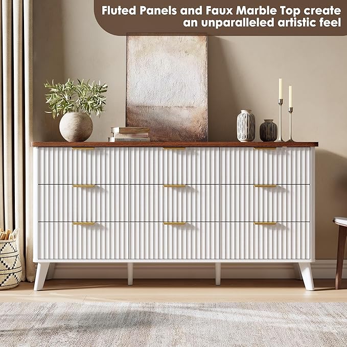 Garvee 9 Drawers Dresser for Bedroom, 60.6" Wide Dressers with Curved Profile Design, Fluted Wood Drawers with Gold Handle, Modern Chest of Dressers with Thickened Design for Living Room, White