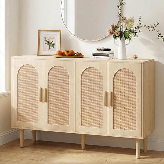 4-Door Rattan Sideboard Cabinet, 47.2" Natural Modern Credenza with Ample Storage, Compact Accent Buffet for Entryway, Living & Dining Room