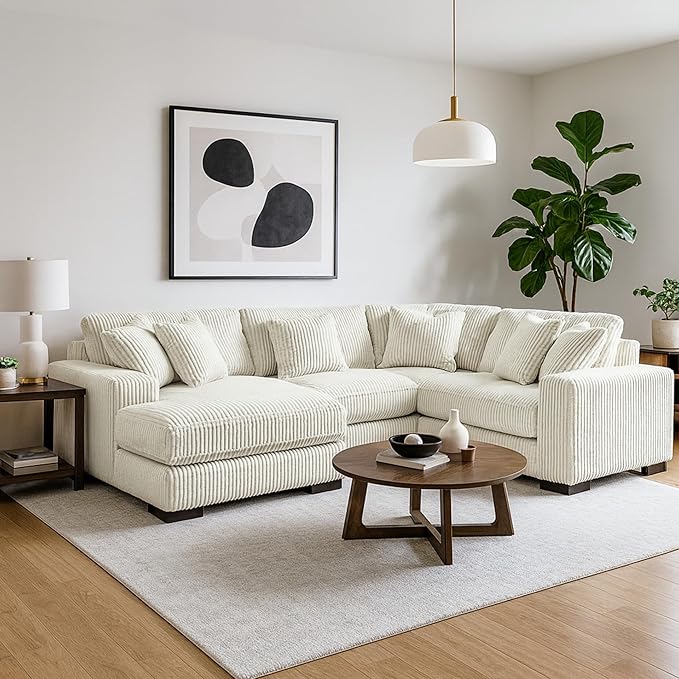 Signature Design by Ashley Lindyn Contemporary Right-Arm Facing 4-Piece Sectional with Chaise, Reversible Cushions, Armrest and Throw Pillows, White