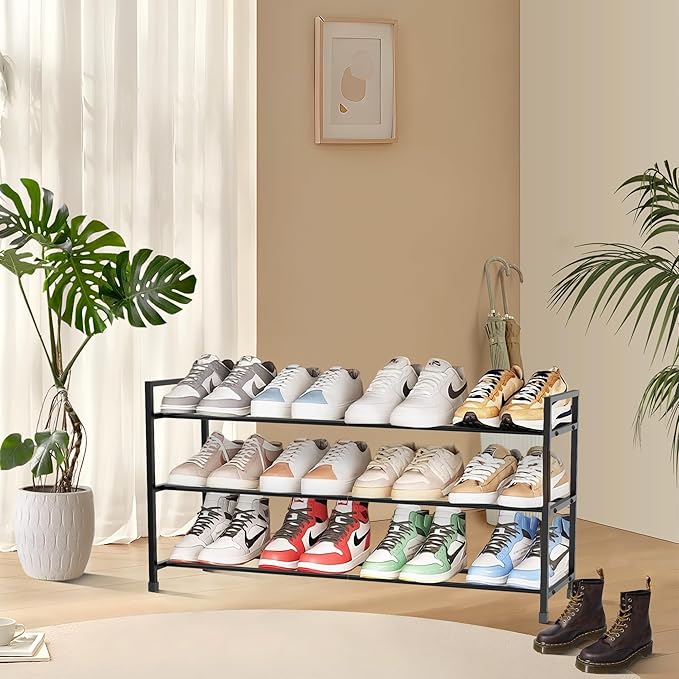 3-Tier Shoe Rack Storage Organizer for Closet, Small Space, Front Door, Sturdy Metal, Black