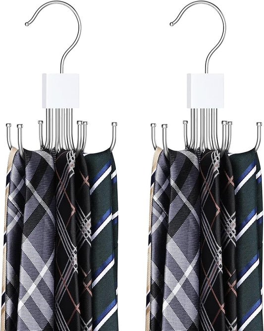 Tie Rack Hanger, Belt Hanger Organizer for Closet 360° Rotatable Max 24 Ties/24 Belts Storage Space Saving Closet Organizers and Storage for Belt, Bra, Tank Top, Tie, Scarf, Purse 2Pcs White
