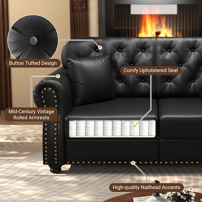 KEIKI 83" Faux Leather Chesterfield Sofa with Rolled Arms & Nailhead Trim & 2 Ottoman, 3-Seater Button Tufted Couch with High Resilience Cushion & 3 Pillow, Easy Assembly, for Living Room, Black