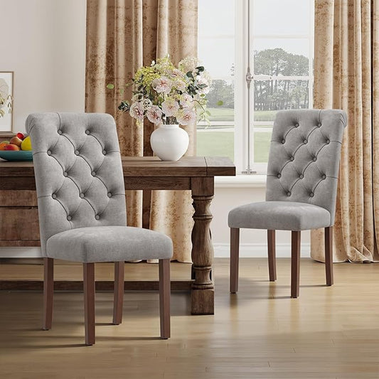 Upholstered Tufted Dining Room Chairs Set of 2, Parsons Kitchen Chairs with Padded Seat and Solid Wood Legs, Fabric Accent Side Diner Chair for Dining Room/Kitchen/Living Room, Light Grey