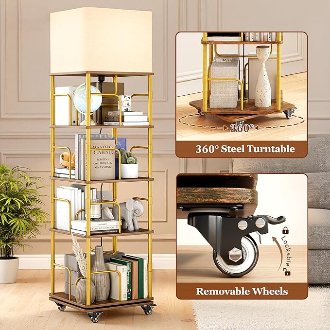 4 Tier Rotating Bookshelf with LED Light 360° Swivel Bookcase with Wheels Space-Saving Tall Corner Shelf Square Floor Standing Shelf Metal and Wood Bookshelves for Bedroom Living Room Office