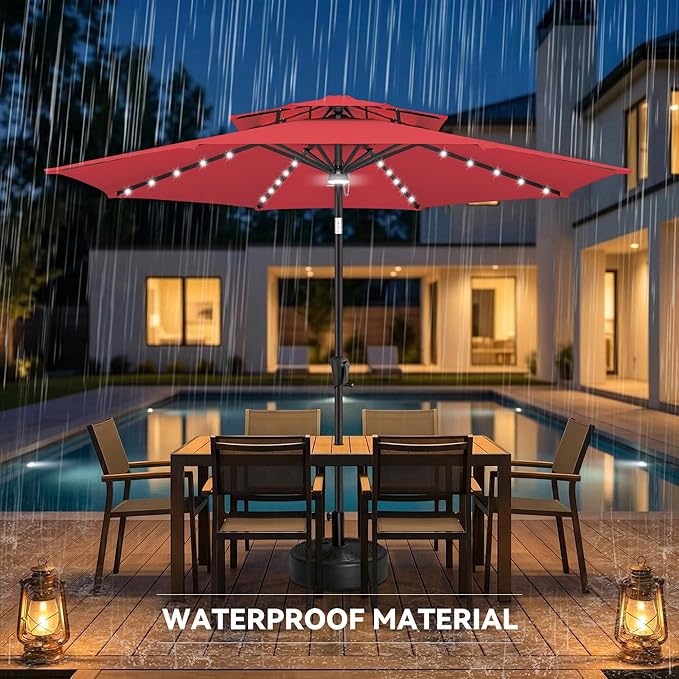 9ft Solar Umbrella Outdoor - 2 Tiers Lighted Solar Patio Umbrella with 40 LED Lights Waterprool UV Protection, Table Umbrella with Tilt for Pool, Porch, Garden, Backyard (Red)