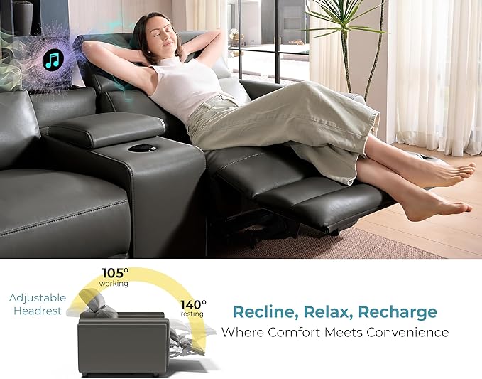 Jocisland Dual Power Recliner, Oversized 5-Seater Sofa with Console, 3 Bluetooth Speakers & Hidden Storage, Modern L Shaped Reclining Couch with 6 Charging Ports - Dark Gray Leathaire
