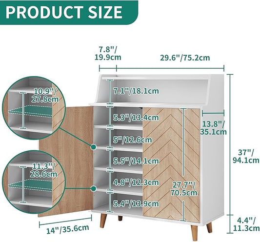 YITAHOME Shoe Cabinet with Doors, 5-Tier Shoe Storage Cabinet with Open Shelves, Large Capacity Wooden Shoes Rack Organizer with Pine Wood Legs for Entryway Hallway Closet, White & Oak Color