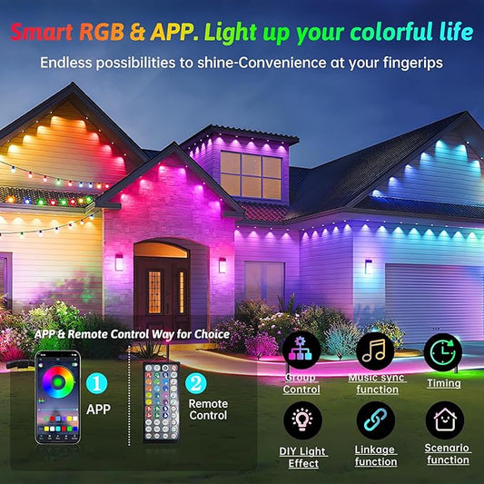 50FT Permanent Outdoor RGB Lights,IP67 Waterproof LED Eaves Lights with Smart App/Remote Control,for Christmas and All Holiday Decor,Daily and Accent Lighting,House Roof and Garden Lighting