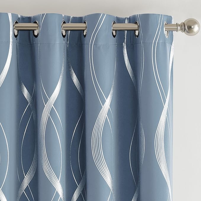 NICETOWN Vintage Blue 63" Length Curtains for Bedroom and Living Room, W52 x L63 inch, Light Filtering Wave Sliver Lines Foil Print Design Drapes Classical Home Decor, 2 Panels