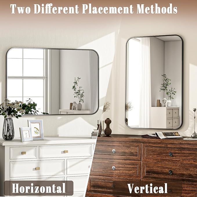 20x28 Inch Bathroom Mirror - Wall Mounted Vanity Mirror with Round Corner Aluminum Alloy Frame, Hanging Horizontally Vertically for Living Room, Bedroom, Hallway as Home Decor,Black