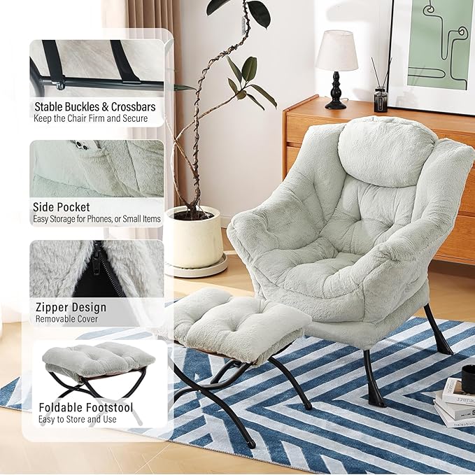 Lazy Chair with Ottoman, Modern Chair with Folding Footrest, Plush Green Accent Chair, Comfortable Reading Chair, Oversized Armchairs for Bedroom, Study, Living Room, Courtyard