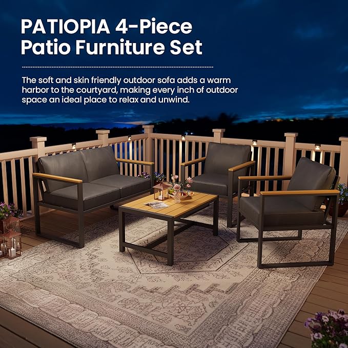 4 Pieces All-Weather Patio Conversation Set, Modern Patio Furniture, Metal Balcony Furniture with Coffee Table, Thick Cushion for Outdoor Porch, Gray
