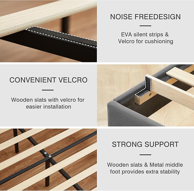 VECELO Upholstered Full Bed Frame with Headboard Adjustable, Velvet Platform Bed with LED Lights, Charging Station, Mattress Foundation with Wooden Slats, Noise Free, No Box Spring Needed, Dark Grey