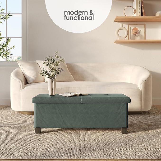 Storage Ottoman Bench with Bins, 43-in Storage Bench for Bedroom End of Bed, Folding Foot Rest Ottoman for Living Room Max 660lbs, Leather Ottomans, Green