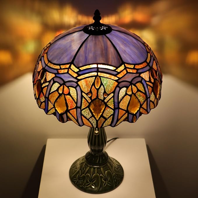 Tiffany Lamp Stained Glass Table Lamps Purple Jewelry Baroque Style Desk Lamp 12X12X18.5 Inch Bronze Ceramic Base Reading Light Suitable for Bedside Bedroom Living Room Dining Room Office