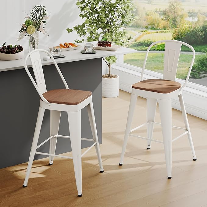 Andeworld Metal Bar Stools Set of 2, 30 inch Bar Height Barstools with Backs Farmhouse Modern High Back Bar Stools with Larger Seat Kitchen Dining Bar Chairs,Off White