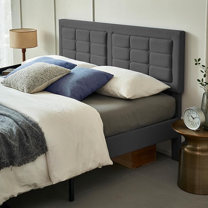 VECELO Queen Size Bed Frame with Adjustable Headboard, Upholstered Button Tufted Platform Bedframe with Wood Slats Support, No Box Spring Needed, Linen Fabric & Grey