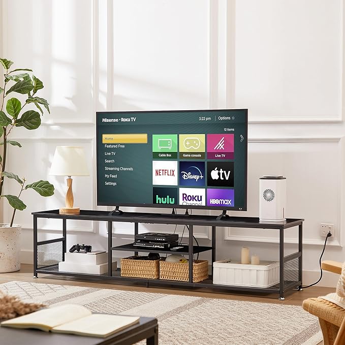 VECELO TV Stand with Power Outlets for Televisions up to 80Inch, 70" Media Entertainment Center with Charging Station 3-Tier Open Storage Shelves with Metal Frame for Living Room/Bedroom，Black