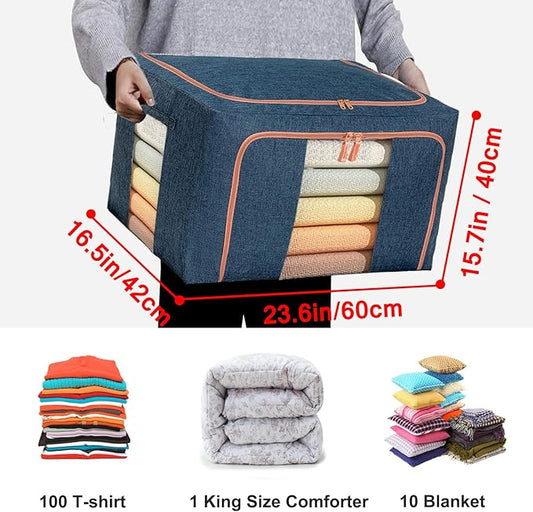100L Large Storage Bags,Stackable Clothes Storage Bins with Hold Shape Metal Frame,Foldable Closet Organizer Containers with Zipper,Clear Window,Thick Fabric for Seasonal Clothing (Navy 4 Pack)
