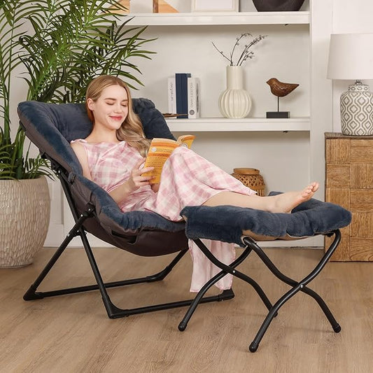Comfy Saucer Chair for Adults, Soft Faux Fur Bedroom Chair with Ottoman, Accent Dorm Chairs, Living Room Reading Chairs and Footstool, Folding Seat for Teens, X-Large, Navy Blue