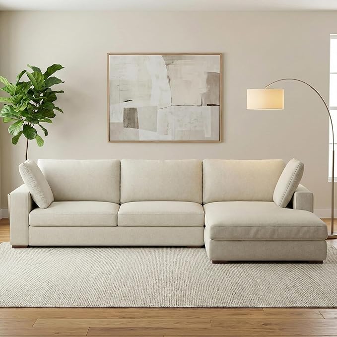 SIMPLIHOME Charlie Right-Facing Sectional Sofa in 100% Recycled Polyester Tightly Woven Performance Fabric, Cream, 122-inches Wide, Handcrafted Contemporary Style L-Shaped Couch with Chaise