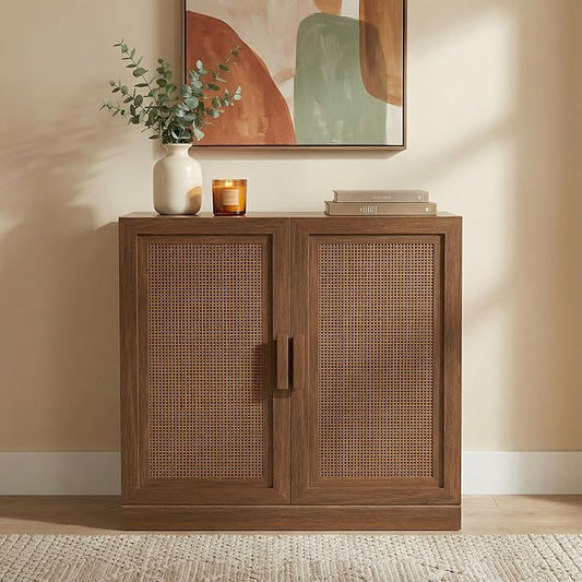 Casaphoria Adam Sideboard Buffet Cabinet with Storage, Sideboard Cabinet with Rattan Doors & Adjustable Shelves, 31" W x 31" H Coffee Bar for Entryway Kitchen Living Room, Walnut