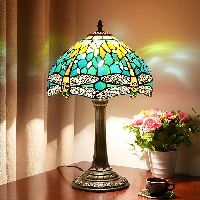 Tiffany Lamp Green Dragonfly Style Stained Glass Lamps Teal Bedroom Bedside Table Lamp for Dorm Office Art Craft Antique Decor Accent Aesthetic Nightstand Retro Metal Reading Lamps 12 inch
