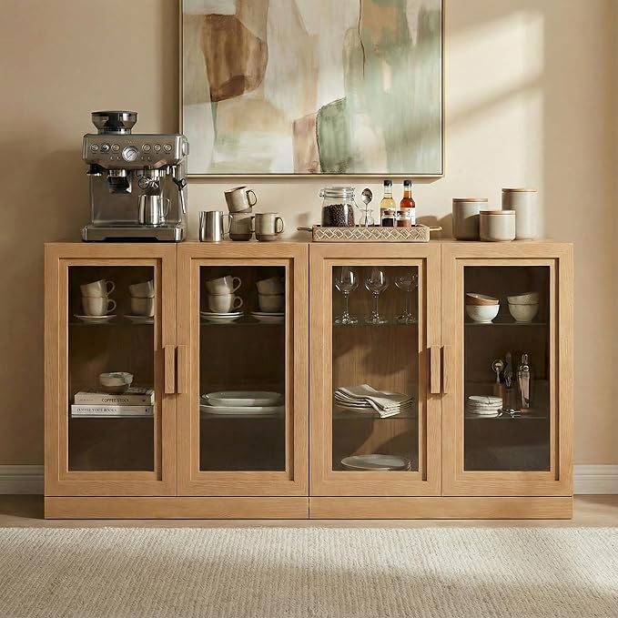 Casaphoria Adam Sideboard Buffet Cabinet with Storage, Display Cabinet with Glass Doors & Adjustable Shelves, 62" W x 31" H Buffet Cabinet for Entryway Kitchen Living Room, Oak
