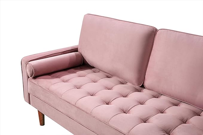 Container Furniture Direct Womble 58 Inch Velvet Loveseat Sofa with Elegant Button Tufted Upholstery, Square Arms, Splayed Wood Legs, Includes Matching Bolster Pillows, Rouge