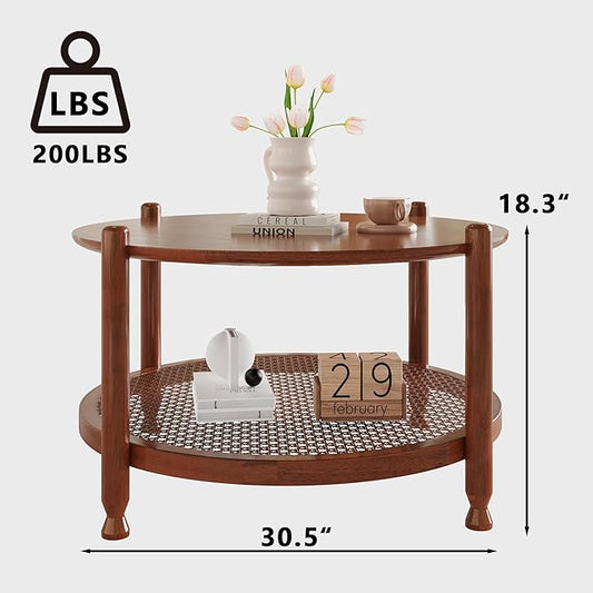 NSdirect 32" Round Coffee Table for Living Room, 2-Tier Rustic Wood Center Table for Home Decor with Boho Woven Rattan Storage Shelf | Modern Farmhouse Design, Easy Assembly, Red Brown