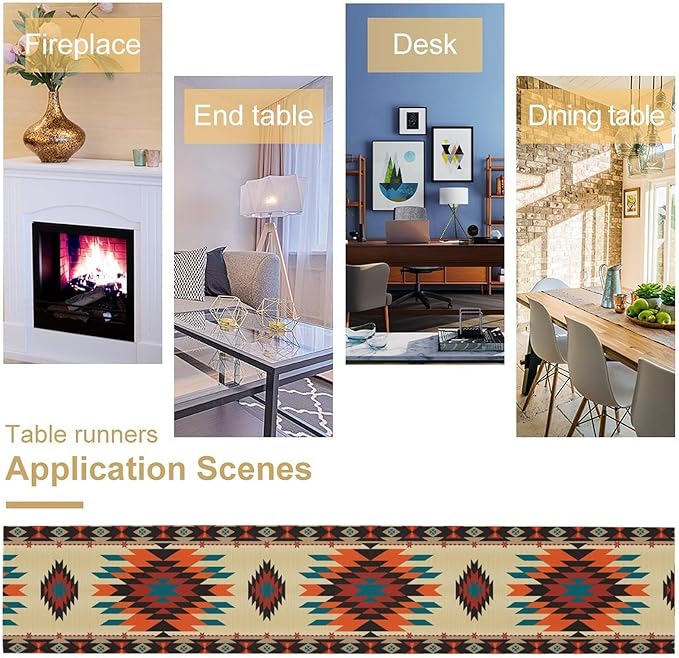 Aztec Southwest Retro Table Runner Vintage Geometry Triditional Ethnic Style Garden Farmhouse Dining Table Decoration for Living Room Kitchen 13x36in