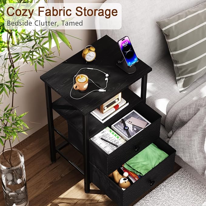 Night Stand for Bedroom, Nightstand with 2 Fabric Drawers, Small Bed Side Table Table with Open Storage Shelf for Living Room, Black, HETS002BK-1