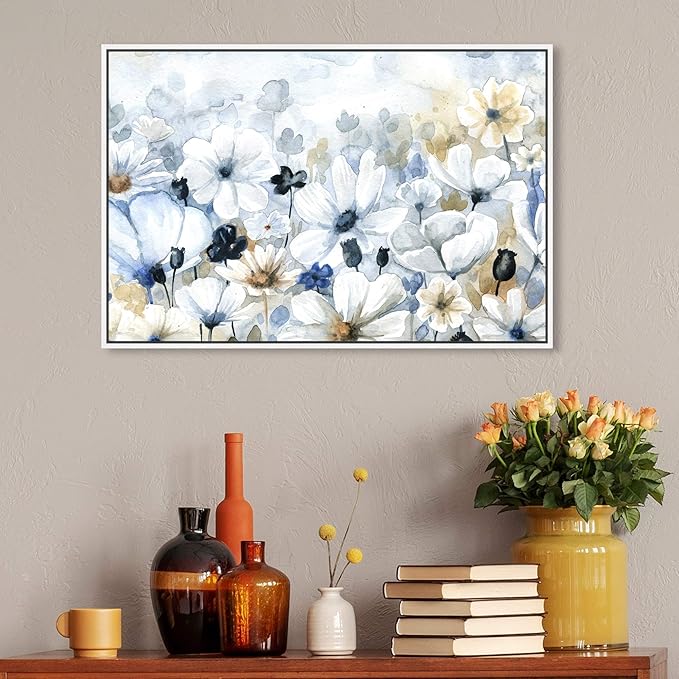 The Oliver Gal Artist Co. Floral and Botanical Wall Art Framed Canvas Prints 'Fields Flowers Home Décor, 30" x 20", Blue, White
