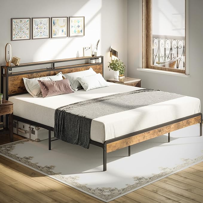 LIKIMIO King Size Bed Frame, Platform Bed with 2-Tier Storage Headboard, Solid and Stable, Noise Free, No Box Spring Needed, Easy Assembly, Vintage Brown