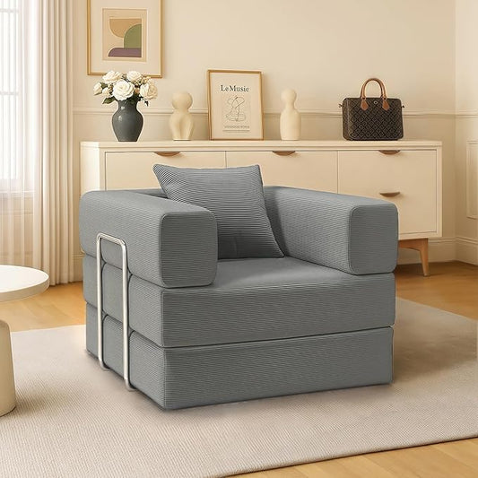 BSHOMGI 2-in-1 Floor Foldable Sofa Couch Convertible Sleeper Chaise Lounge Chair Indoor Portable Fold Out Futon Mattress with Back Support for Living Room,Bedroom (Gray, 35.43" Single Sofa)