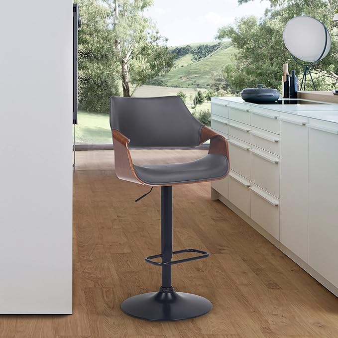 Aspen Adjustable Swivel Gray Faux Leather and Walnut Wood Bar Stool with Black Base