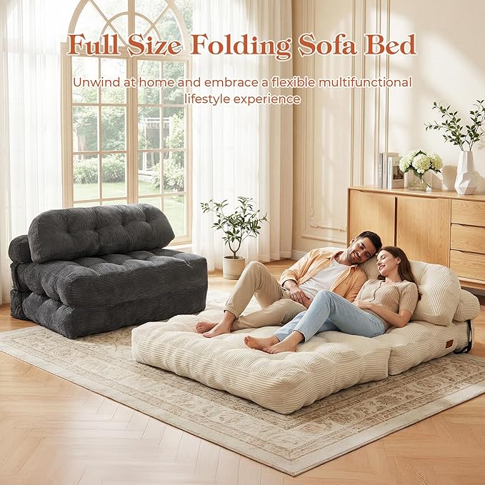 Folding Sofa Bed, Convertible Sleeper Chair with Back Support and Pillow Futon, Boneless Matress, for Living Room/Guest Use/Home Office, Foldable Chair Bed for Adults, Dark Gray, Full