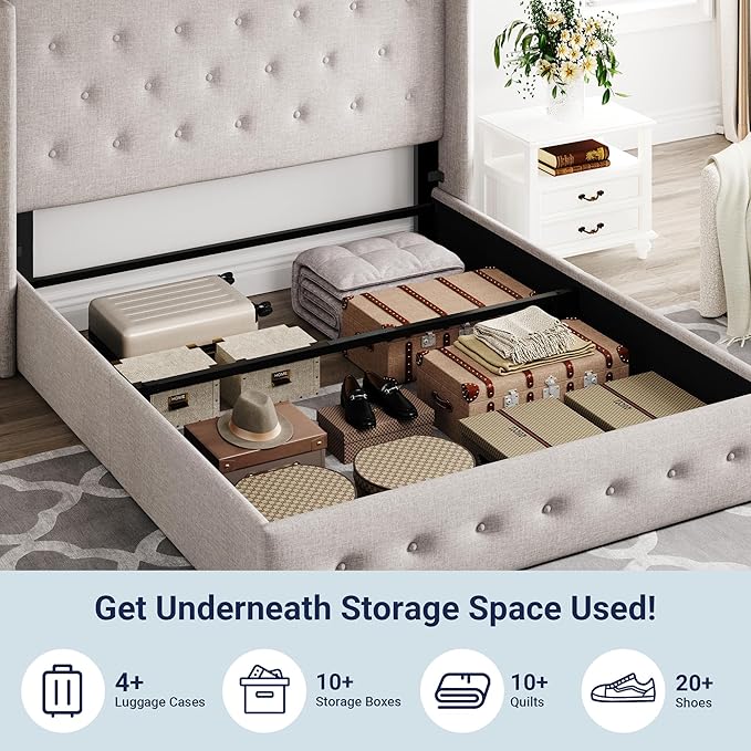 Allewie Queen Size Lift Up Storage Bed, Button Tufted Headboard with Wingback, Hydraulic Support, No Box Spring Needed, Light Beige