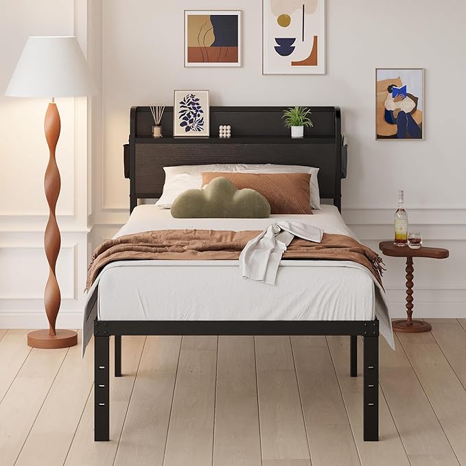 16 Inch Twin XL Bed Frames with Headboard, Metal Bed Frame Twin XL Storage Wood Headboard No Box Spring Needed, Noise Free, Black