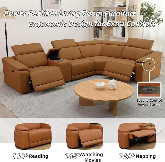 Power Recliner Sectional Couch, Breathing Leather Living Room Furniture Set, Reclining Corner Sectional Sofa with Storage Console/Cup Holders for Home/Office (Caramel, 4 Seater Couch)