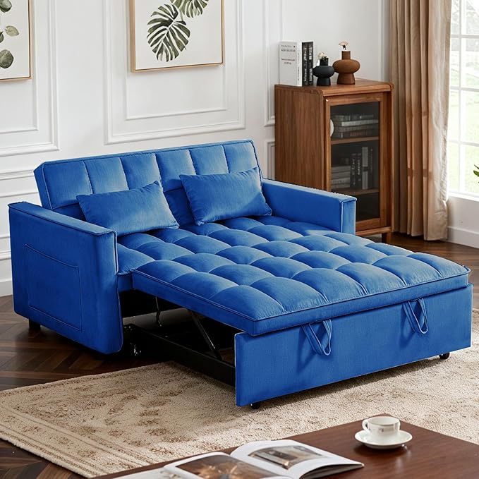 3 in 1 Convertible Sofa Bed, Love Seat Sleeper Bed with Side Pockets, Velvet Fabric Pull Out Couch with Adjustable Backrest for Living Room, Bedroom, Apartment, Blue
