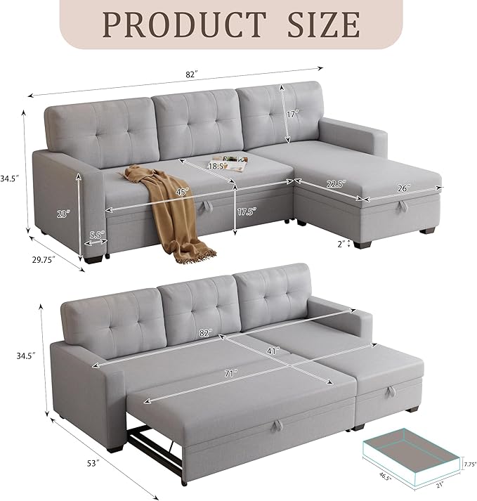 82" L-Shape Convertible Sleeper Sectional Sofa with Storage Chaise and Pull-Out Bed,Modular Corner Couch Lounge,w/Removable 3 Back Cushions and Armrest,for Home Furniture,Light Gray