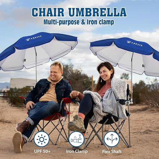 AMMSUN Chair Umbrella with Universal Clamp Adjustable 47 inches and 360° Swivel & UPF 50+ Protection Portable Sun Umbrella, Secure Clip on Camping/Beach Chairs, Stroller, Wheelchair, Golf cart, Lounger, Blue, 2 PACK