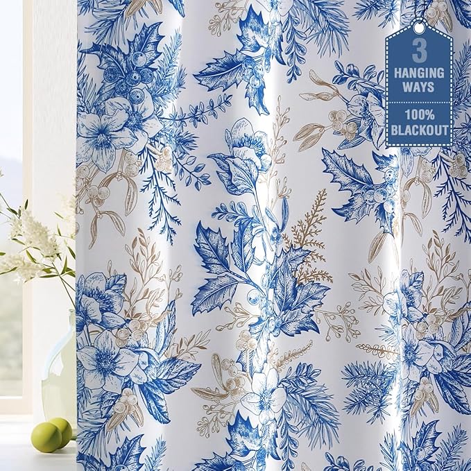 H.VERSAILTEX 100% Blackout Curtains 63 inch Length Vintage Floral Printed Drapes Thermal Curtains for Bedroom with Black Liner Back Tab/Rod Pocket Curtains for Living Room, 2 Panels, Blue and Wheat
