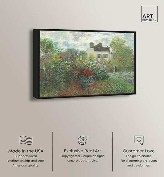 Art Remedy Monet-Garden With Dahlias Impressionism Classic Landscape Paintings Canvas Wall Art, Black Floater Frame, 20"x30"